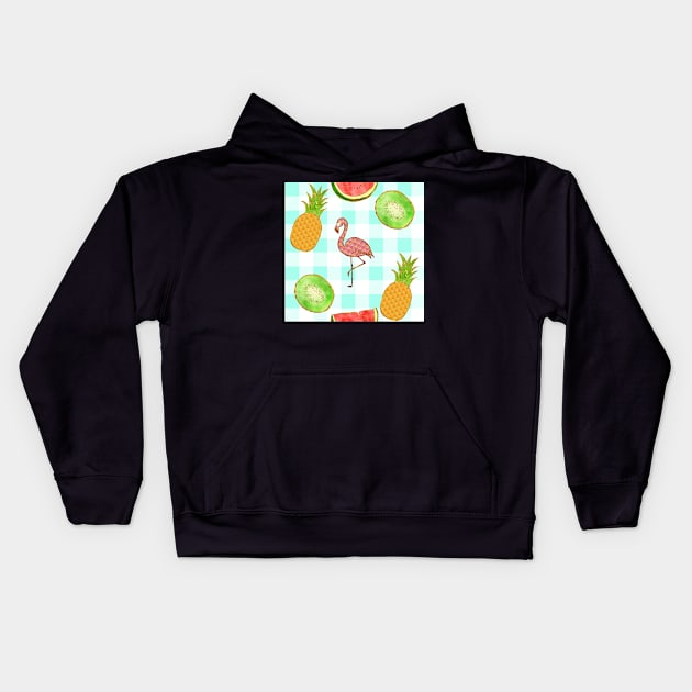 mint, blue, flamingo,  yellow, square, pineapple, banana, yellow, orange, juicy, fruit, glitter, gold, summer, pattern, funny, sunny Kids Hoodie by ArtInPi